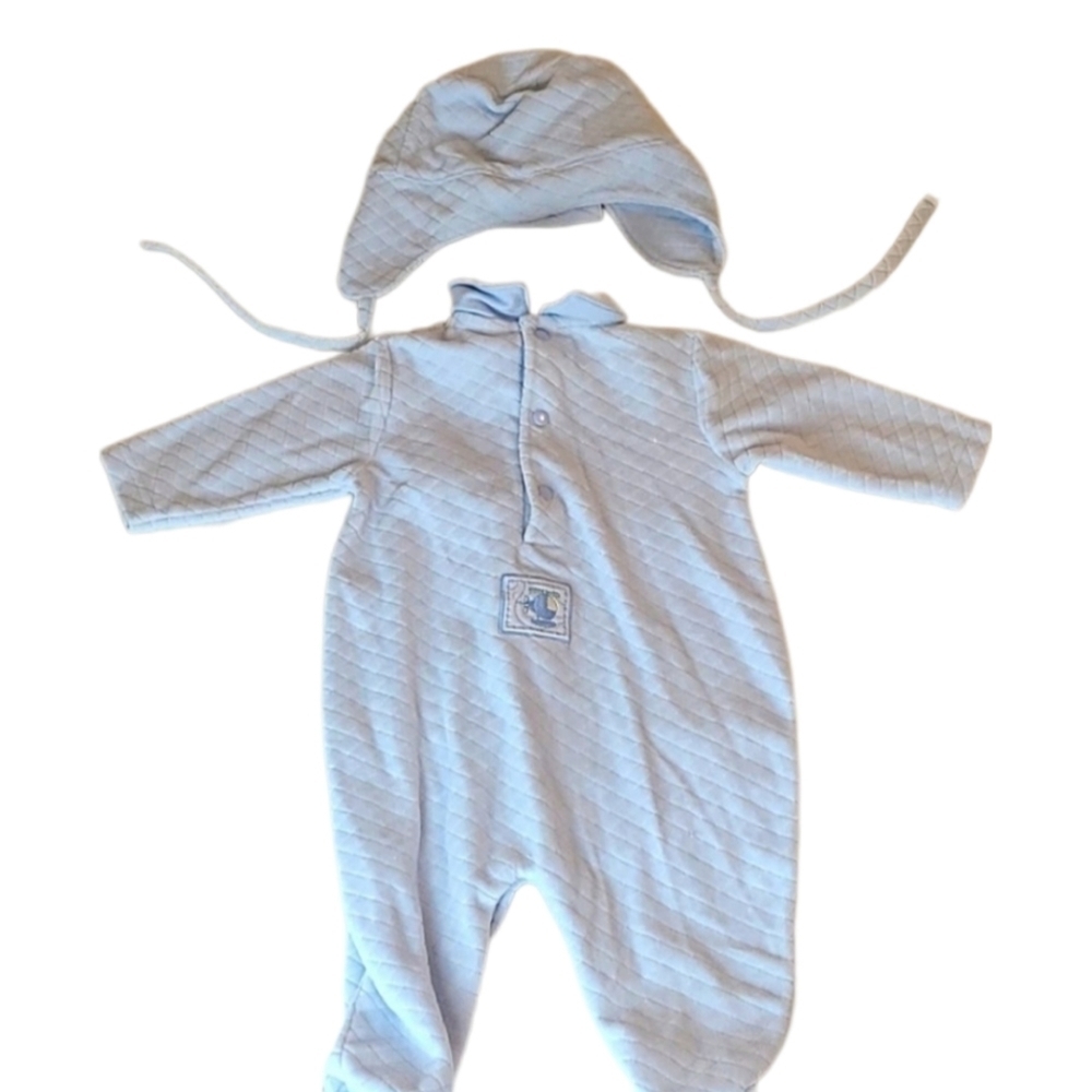 3 Months Baby 2 Piece Outfit Vintage Pastel Blue Plane Embroidered Fleece